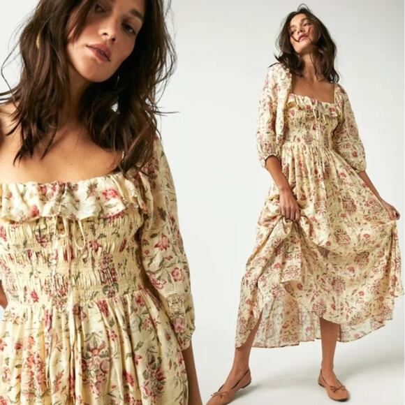 Free People Ethereal Oasis Printed Midi Dress Ivory Large Bohemian Cottage - Picture 1 of 14